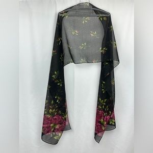 Vintage Cajon Accessories Burgundy Rose Pattern Sheer Black 64” Scarf India Made